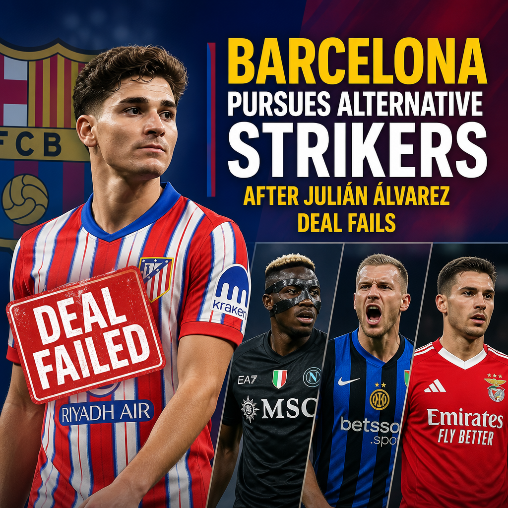 Barcelona's football team exploring new striker options after Julián Álvarez transfer falls through.