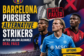 Barcelona's sporting director reviewing striker options on screen after Julián Álvarez transfer falls through.