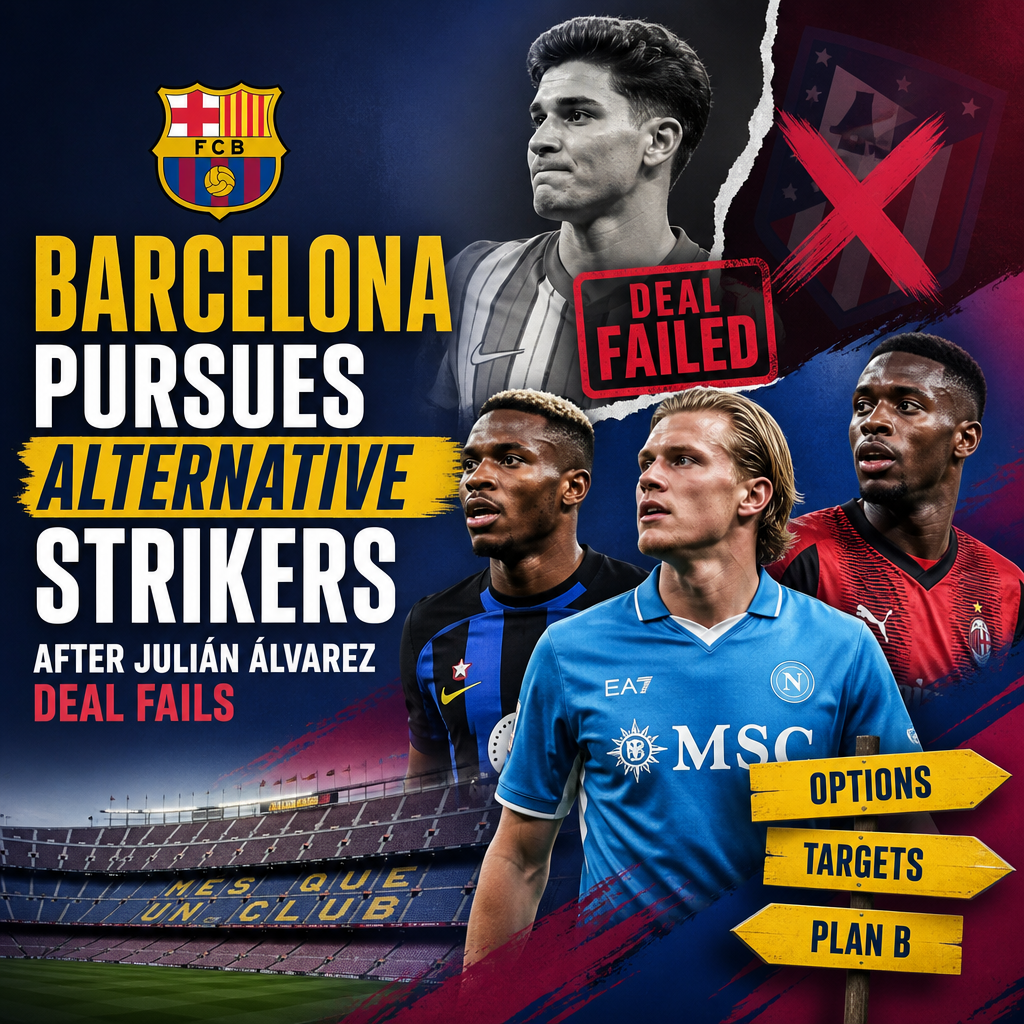 Barcelona's sporting director reviewing striker options on screen after Julián Álvarez transfer falls through.