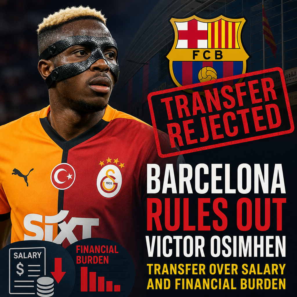 Victor Osimhen in Napoli jersey with a Barcelona emblem crossed out, indicating transfer rejection over salary.