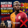 Victor Osimhen in Napoli kit, with Barcelona crest and salary icons symbolizing transfer rejection.
