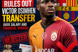 Victor Osimhen in Napoli kit, with Barcelona crest and salary icons symbolizing transfer rejection.