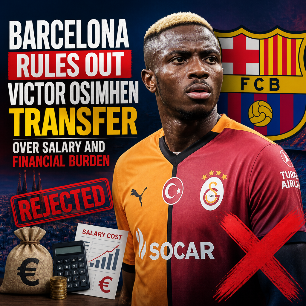Victor Osimhen in Napoli kit, with Barcelona crest and salary icons symbolizing transfer rejection.