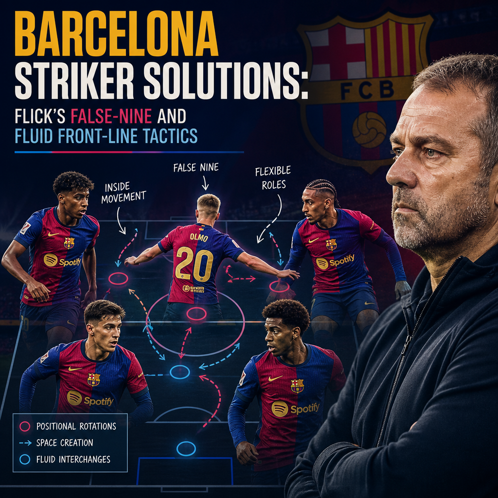Diagram showing Barcelona's offensive tactics with Flick’s false-nine and fluid striker movements.