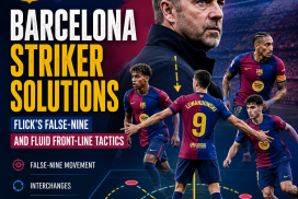 Tactical diagram showing Barcelona's striker solutions with Flick’s false-nine and fluid front-line movements.