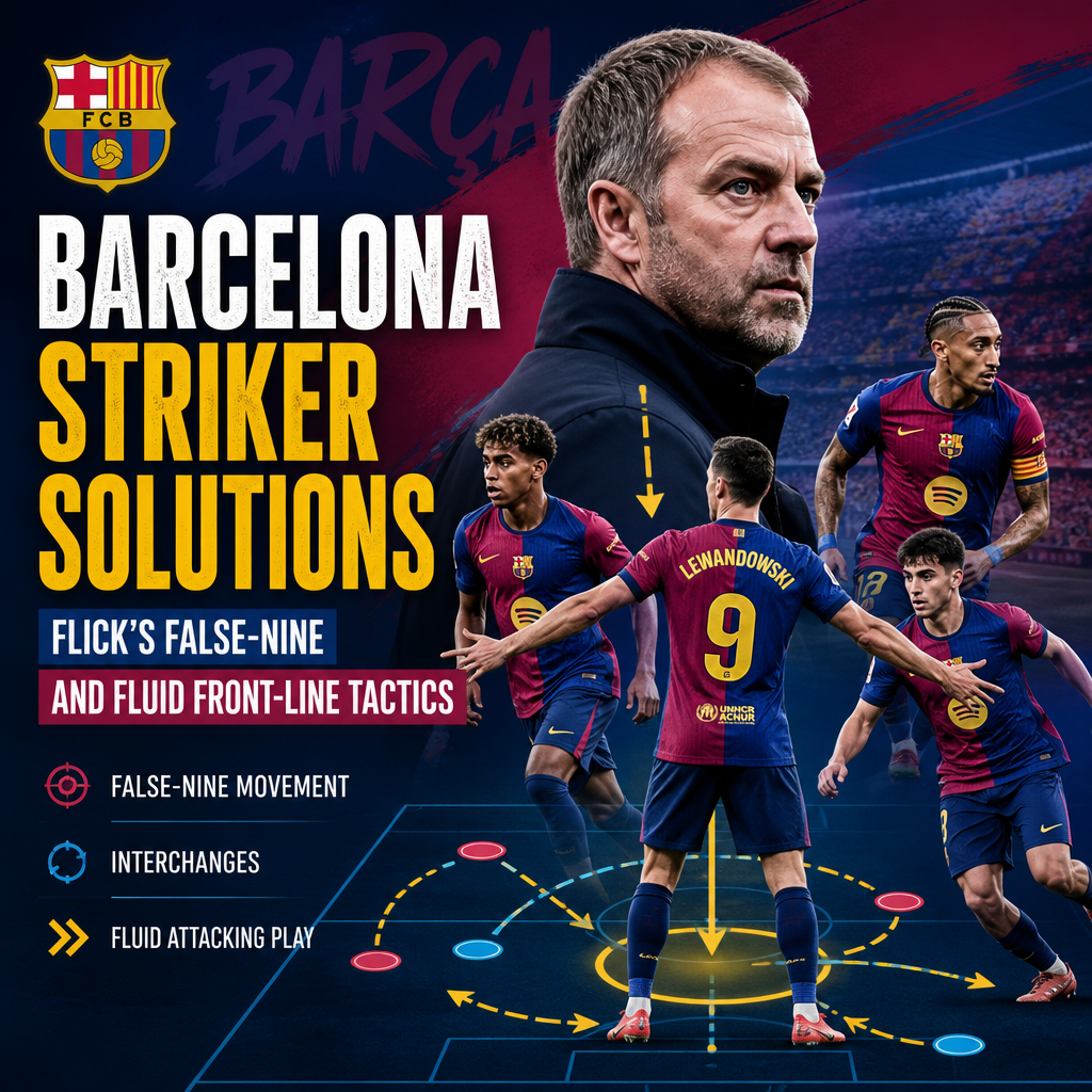 Tactical diagram showing Barcelona's striker solutions with Flick’s false-nine and fluid front-line movements.