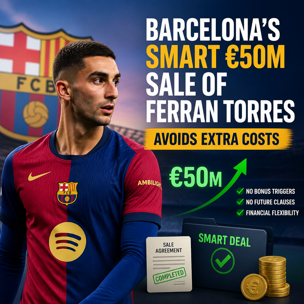 Barcelona FC players celebrating a goal with Ferran Torres, emphasizing the €50 million transfer sale.