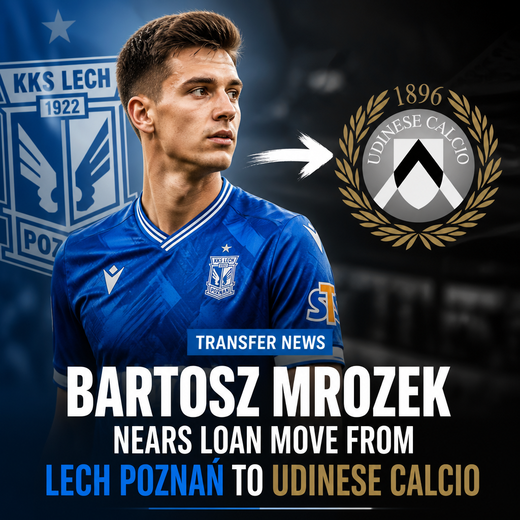 Bartosz Mrozek in Lech Poznań jersey celebrating with teammates during a match.