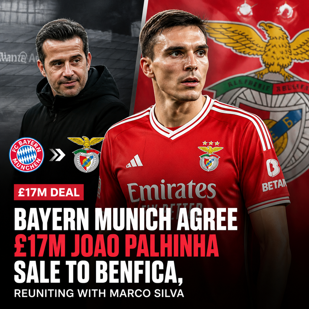 Joao Palhinha wearing a Bayern Munich jersey, shaking hands during his £17M transfer to Benfica.
