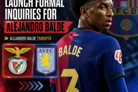 Alejandro Balde in FC Barcelona kit, with Benfica and Aston Villa logos indicating transfer interest.