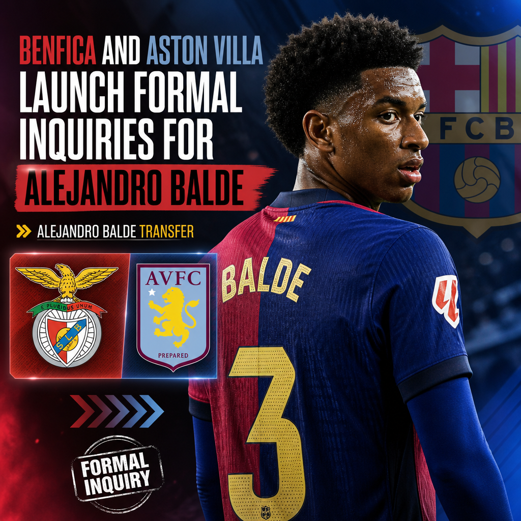 Alejandro Balde in FC Barcelona kit, with Benfica and Aston Villa logos indicating transfer interest.