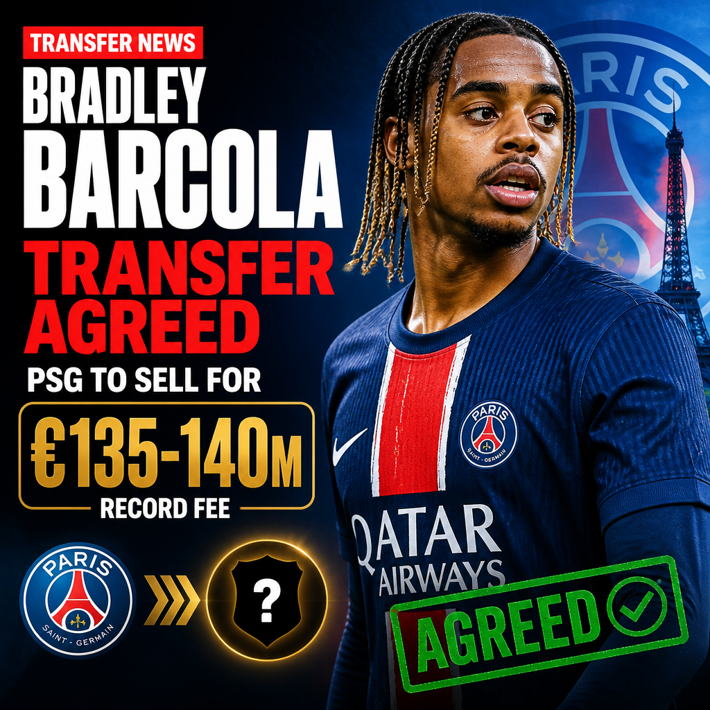 Bradley Barcola celebrating a PSG transfer with a large €135-140 million fee displayed.