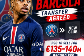 Bradley Barcola celebrating in a PSG jersey, with transfer details and a record fee of around €135 million.