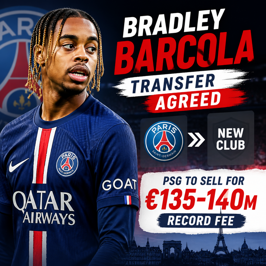 Bradley Barcola celebrating in a PSG jersey, with transfer details and a record fee of around €135 million.