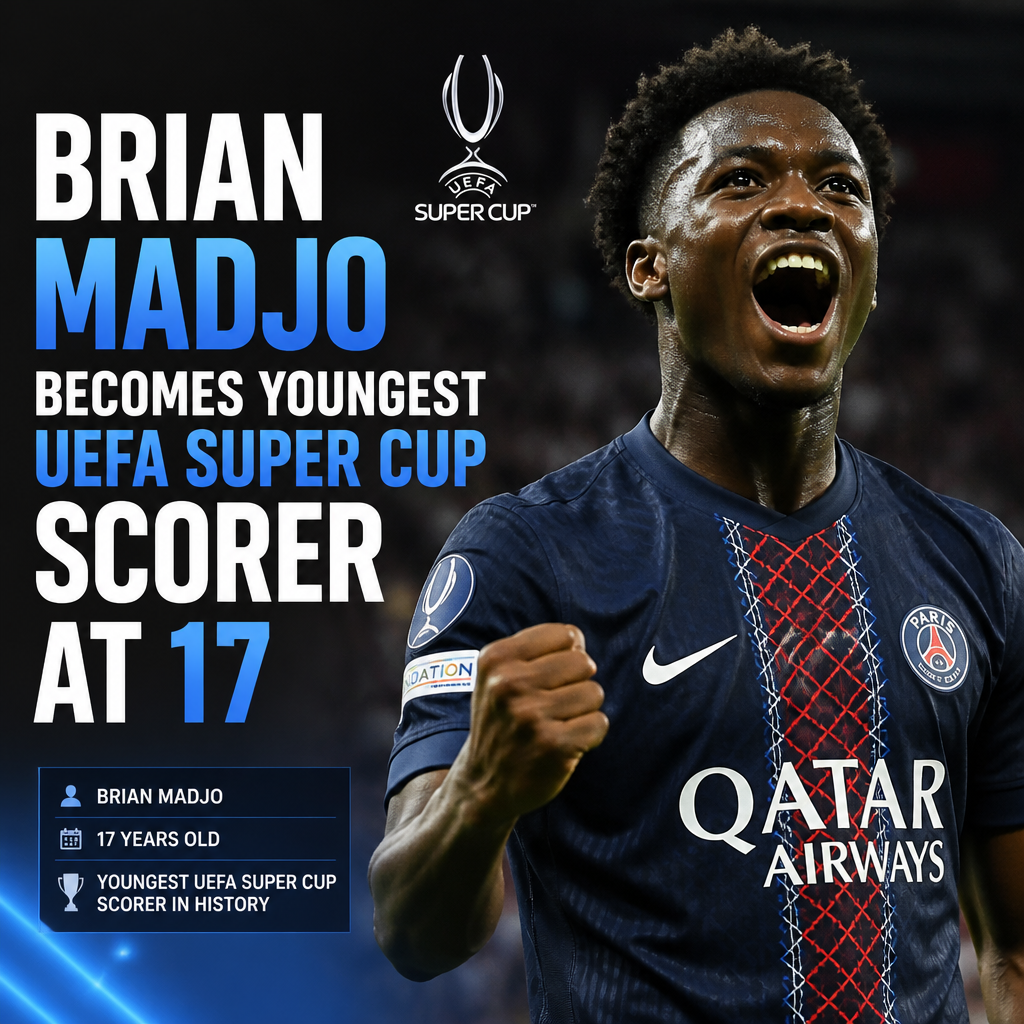 Brian Madjo celebrates scoring as the youngest UEFA Super Cup goal scorer at 17 during a soccer match.