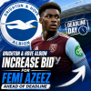 Brighton & Hove Albion player Femi Azeez in action during a football match, focused on the ball.