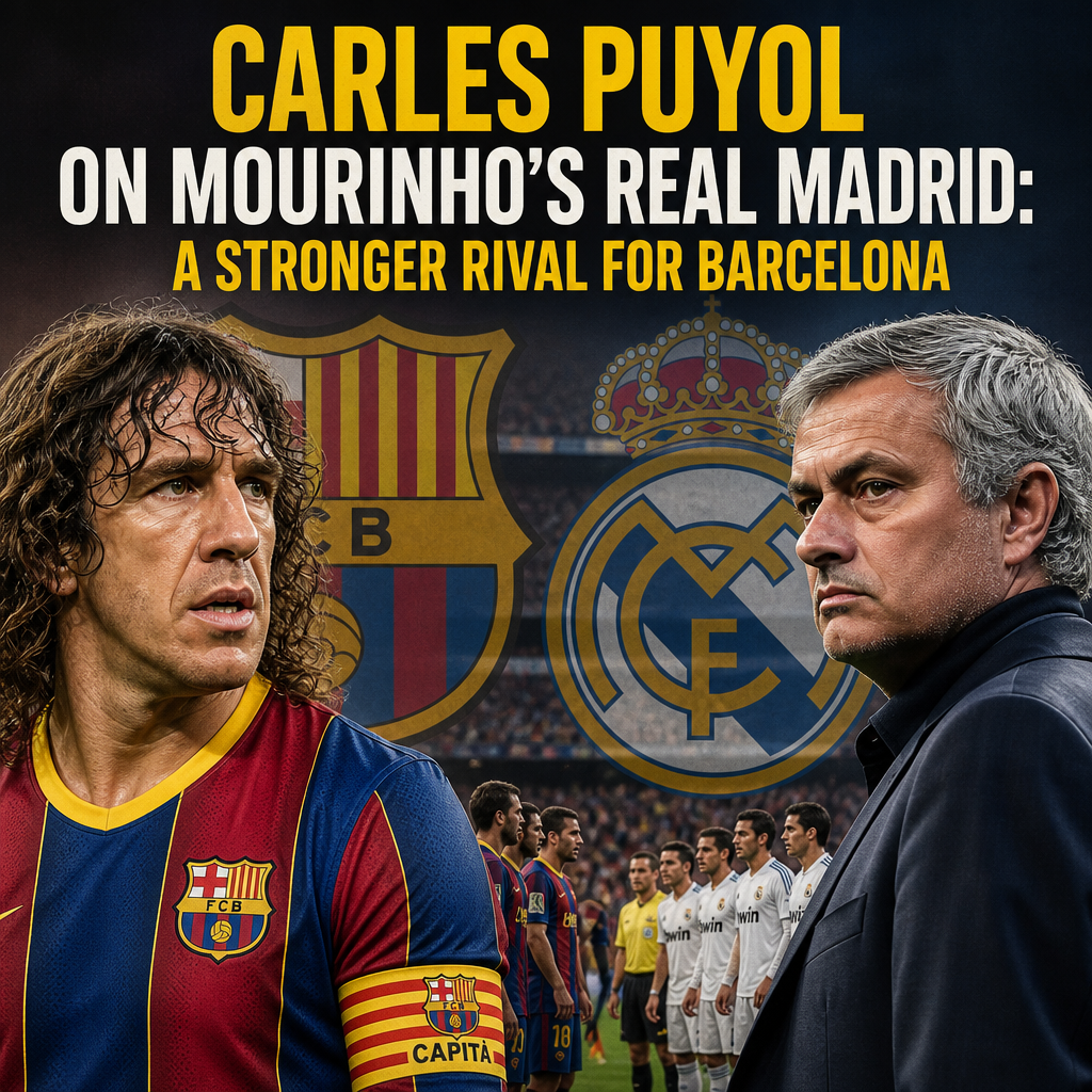 Carles Puyol speaking about Mourinho’s Real Madrid being a stronger rival to Barcelona in football.