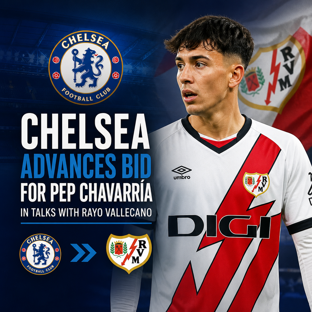 Pep Chavarría in Chelsea kit celebrating with Rayo Vallecano players during a match.