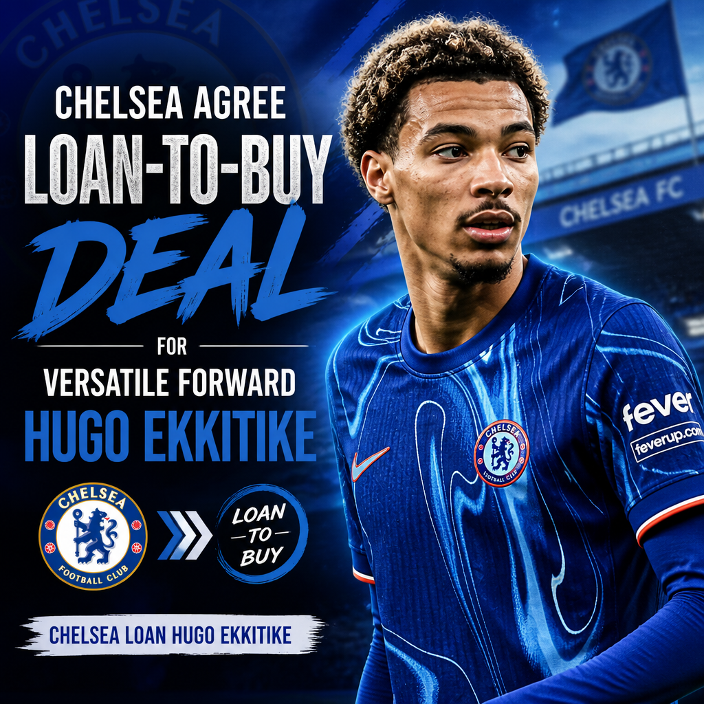 Chelsea FC players celebrate as Hugo Ekkitike signs a loan-to-buy deal, wearing the club's blue kit.