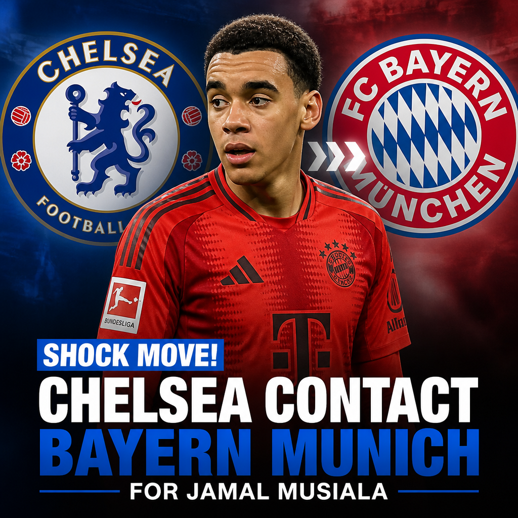 Chelsea FC representatives in a meeting discussing a potential transfer for Jamal Musiala from Bayern Munich.