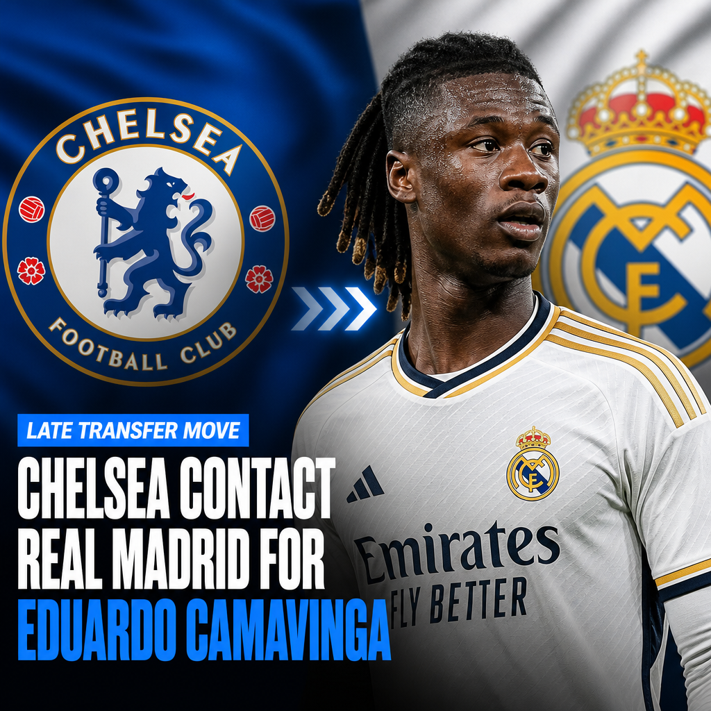 Chelsea FC representatives in a meeting room discussing the potential transfer of Eduardo Camavinga from Real Madrid.