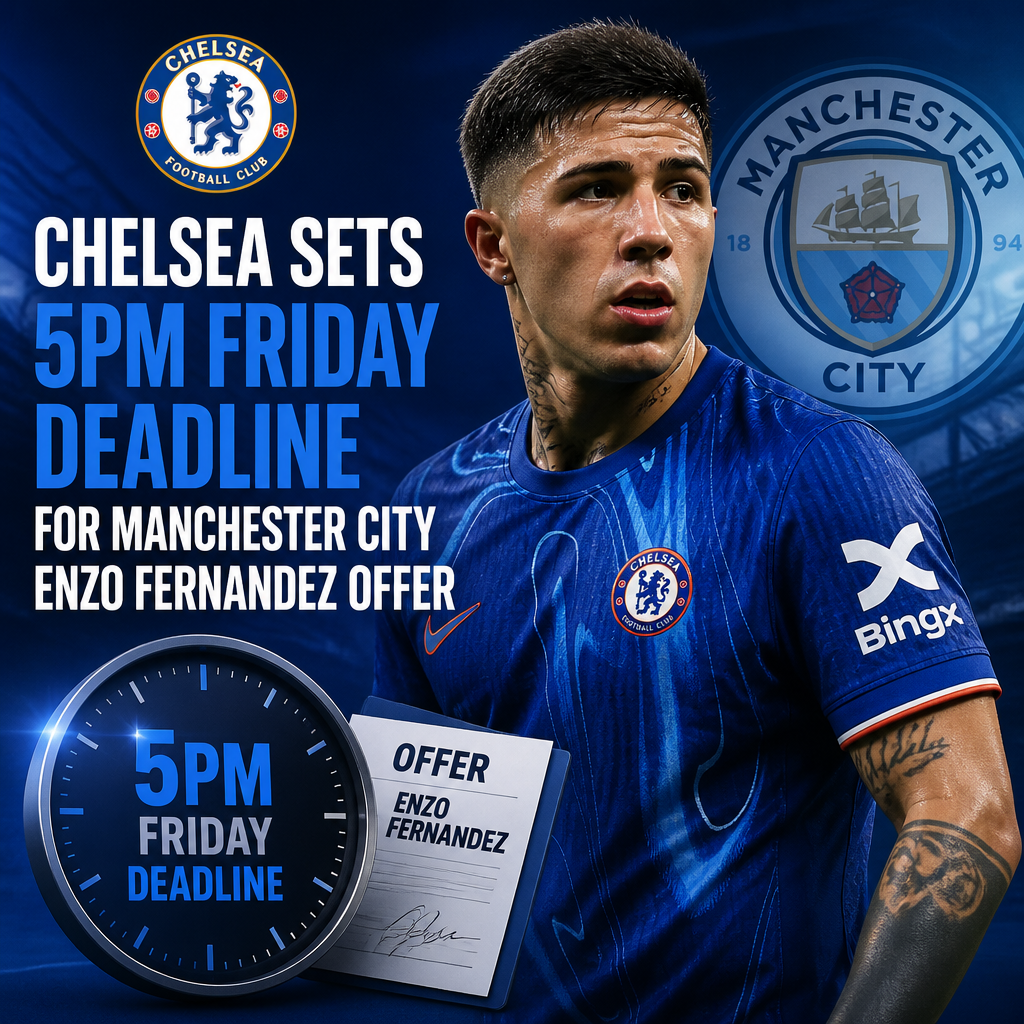 Chelsea's 5PM Friday deadline displayed on a digital clock with Enzo Fernandez and Manchester City logos.