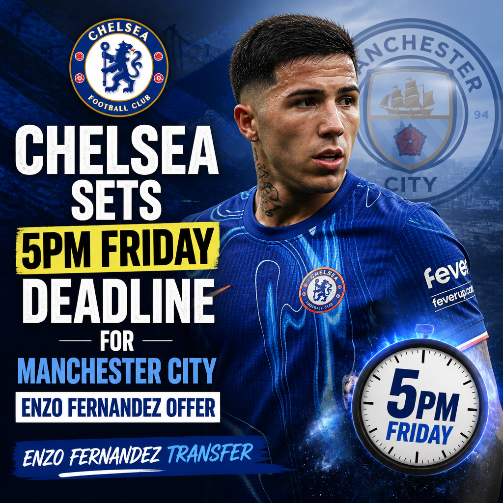 Chelsea official announces 5 PM Friday deadline for Manchester City to submit Enzo Fernandez transfer offer.