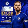 Jordan Henderson in Chelsea gear celebrating his signing with the club until 2028.