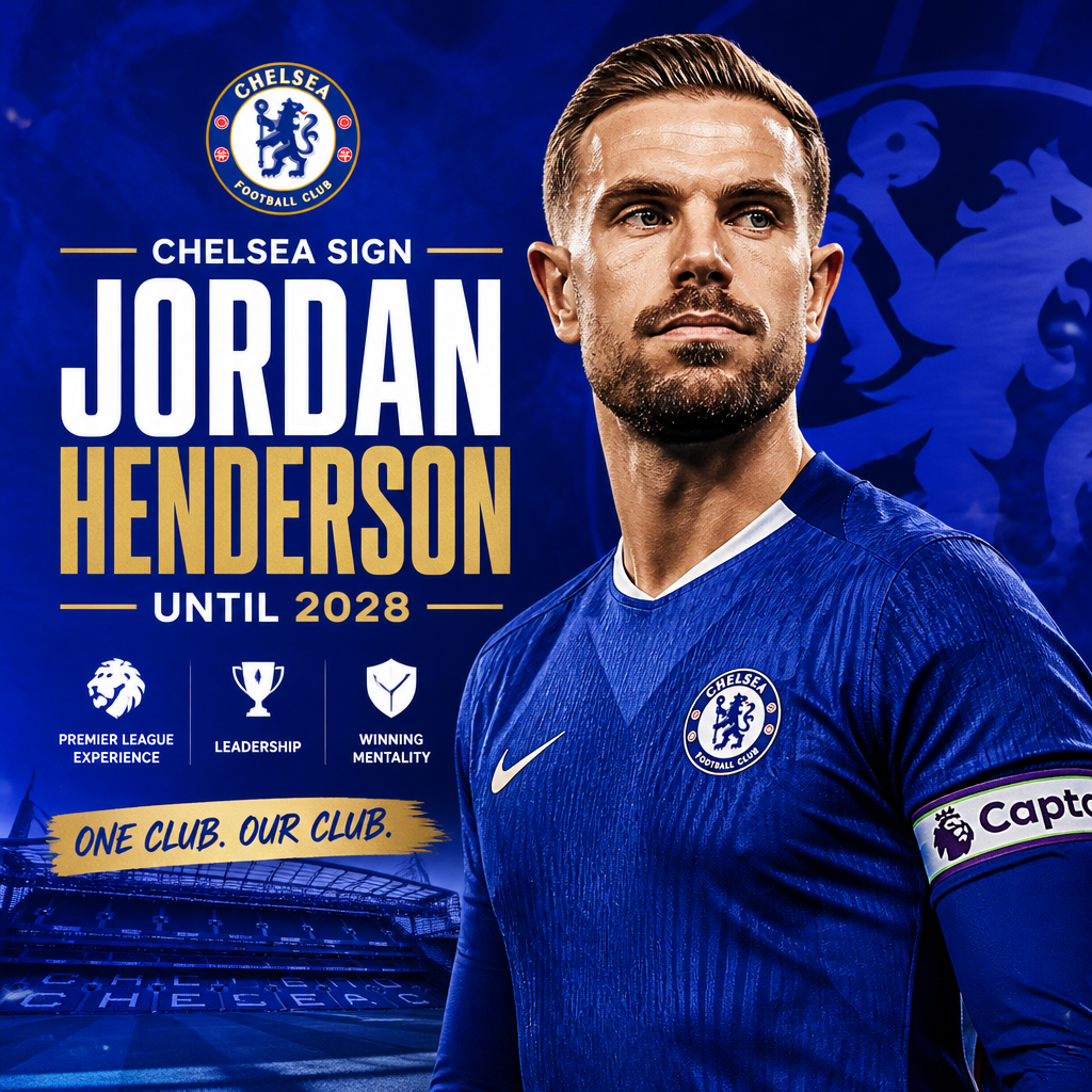 Jordan Henderson in Chelsea gear celebrating his signing with the club until 2028.