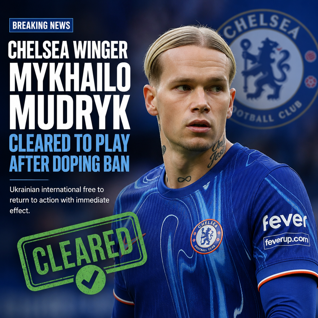Chelsea winger Mykhailo Mudryk celebrates on the field after being cleared to play post doping ban.