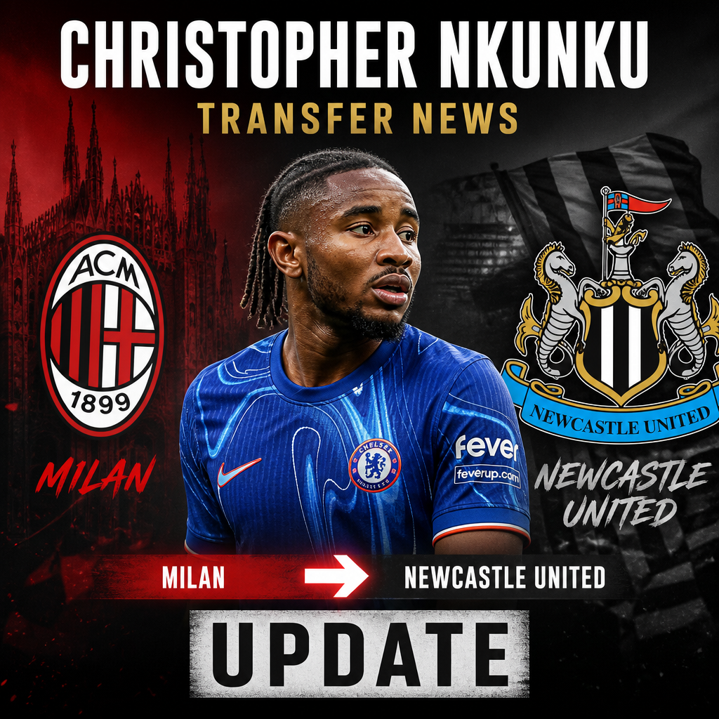 Christopher Nkunku in AC Milan kit with transfer news to Newcastle United football club.