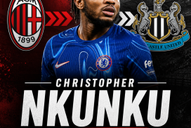 Christopher Nkunku in action, with logos of AC Milan and Newcastle United indicating a transfer update.