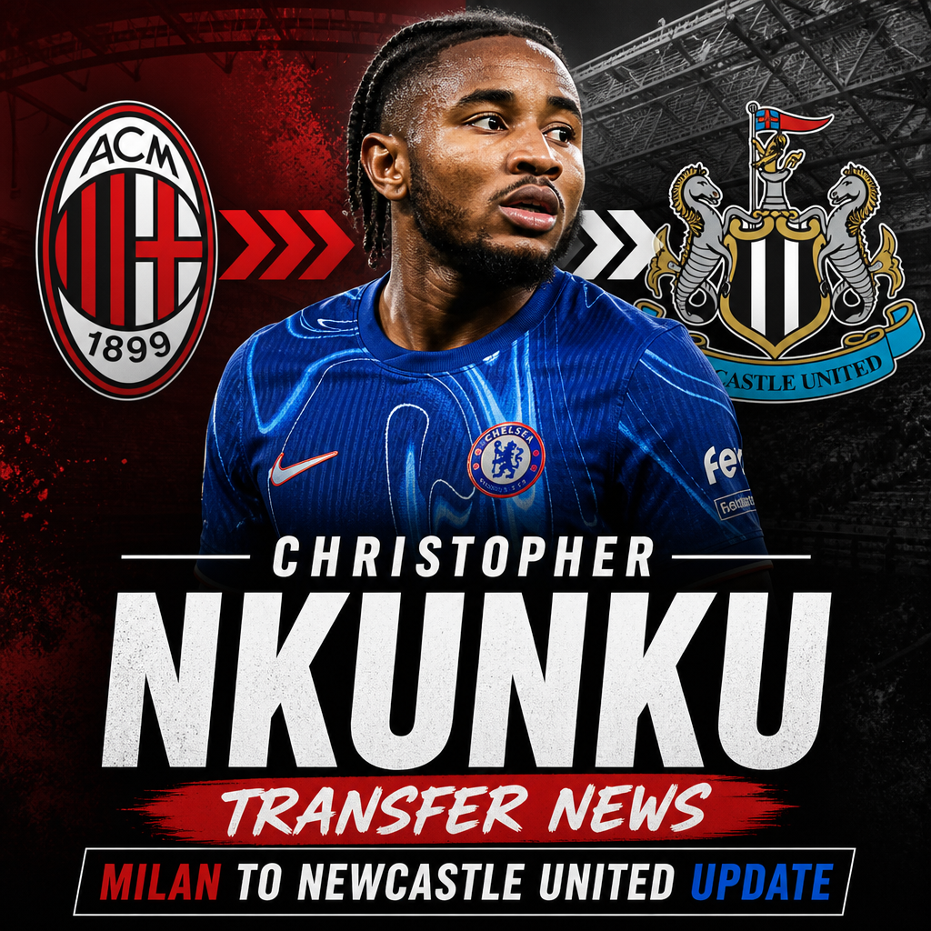 Christopher Nkunku in action, with logos of AC Milan and Newcastle United indicating a transfer update.