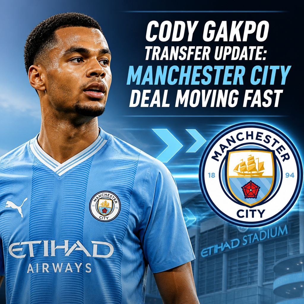 Cody Gakpo smiling in PSV jersey, with Manchester City logo and transfer update text in background.