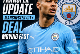 Cody Gakpo in a PSV Eindhoven jersey, with Manchester City logos and transfer update text in the background.