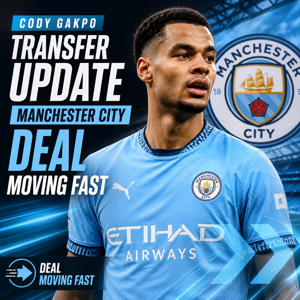 Cody Gakpo in a PSV Eindhoven jersey, with Manchester City logos and transfer update text in the background.