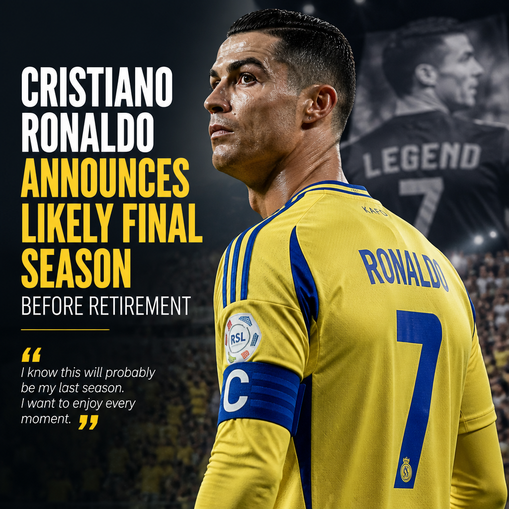 Cristiano Ronaldo speaking at a press conference, announcing his likely final soccer season before retirement.