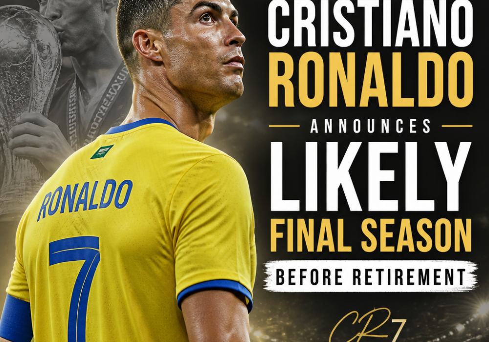 Cristiano Ronaldo speaking at a press conference, announcing his likely final football season before retirement.