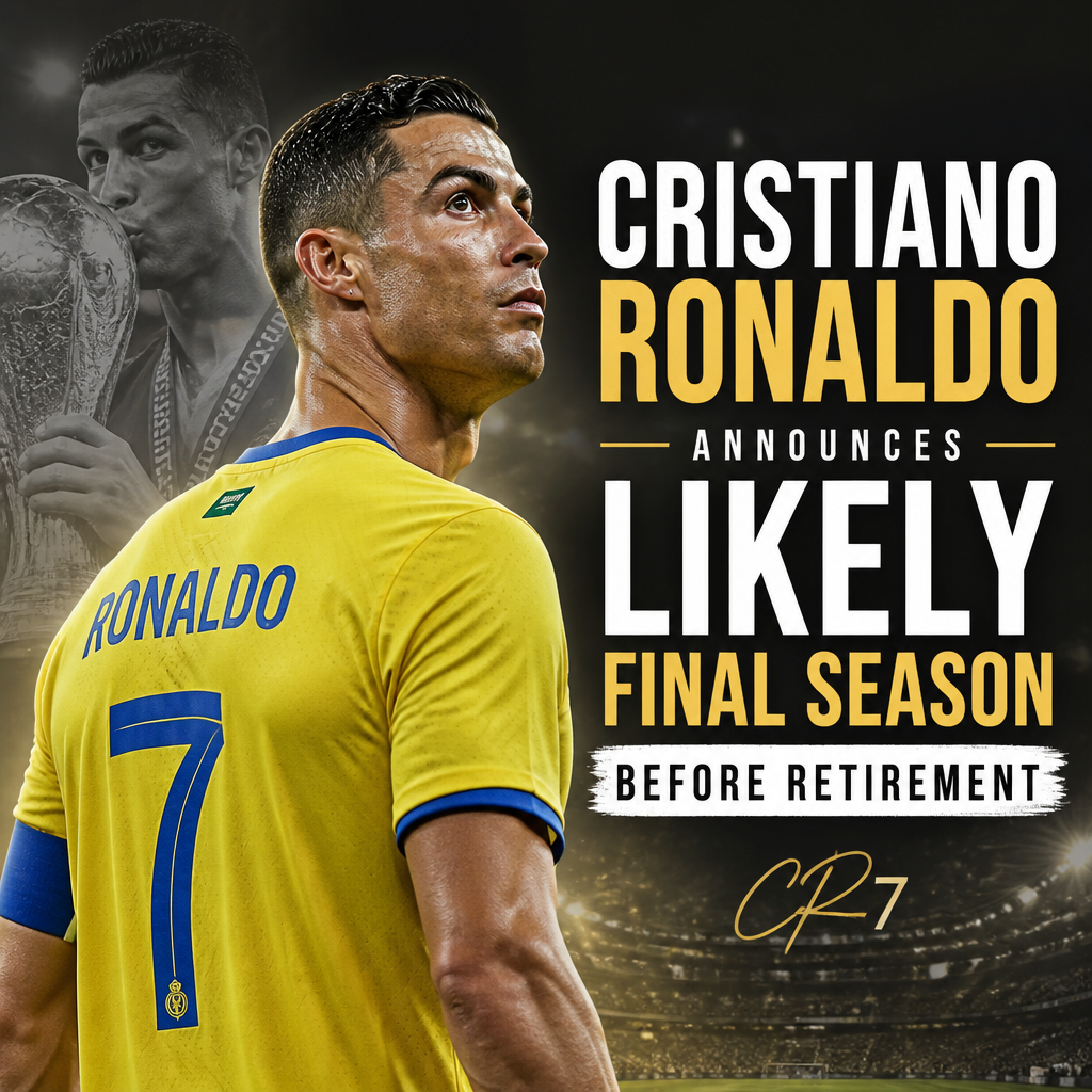 Cristiano Ronaldo speaking at a press conference, announcing his likely final football season before retirement.