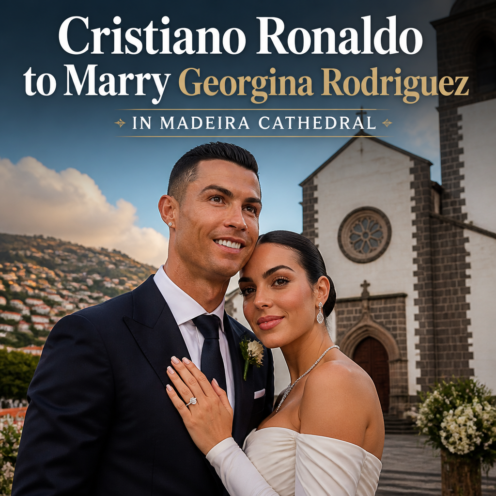 Cristiano Ronaldo and Georgina Rodriguez stand together outside Madeira Cathedral, smiling and holding flowers.