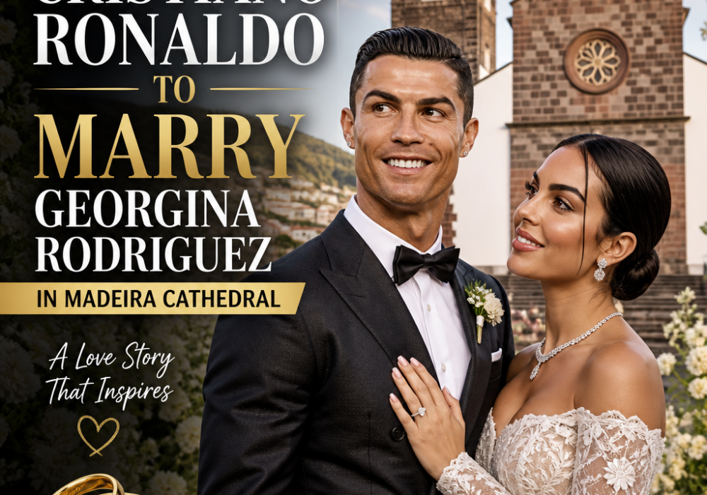 Cristiano Ronaldo and Georgina Rodriguez posing together outside Madeira Cathedral, announcing their wedding.