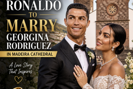 Cristiano Ronaldo and Georgina Rodriguez posing together outside Madeira Cathedral, announcing their wedding.