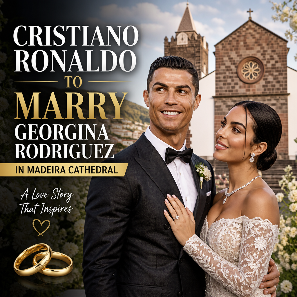 Cristiano Ronaldo and Georgina Rodriguez posing together outside Madeira Cathedral, announcing their wedding.