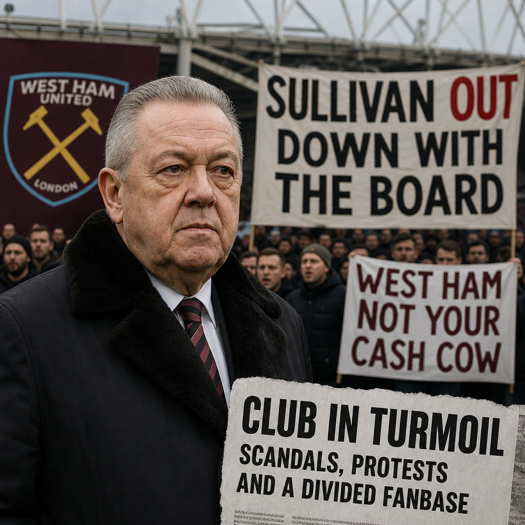 West Ham fans holding protest signs outside London Stadium demanding club board changes amid controversy.