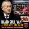 David Sullivan in a suit watching a West Ham United match at London Stadium amid fan controversy.