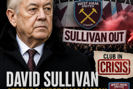 David Sullivan in a suit watching a West Ham United match at London Stadium amid fan controversy.