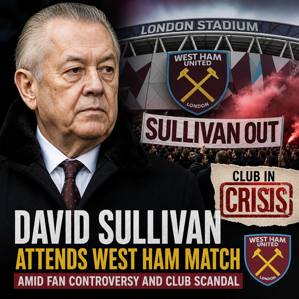 David Sullivan in a suit watching a West Ham United match at London Stadium amid fan controversy.