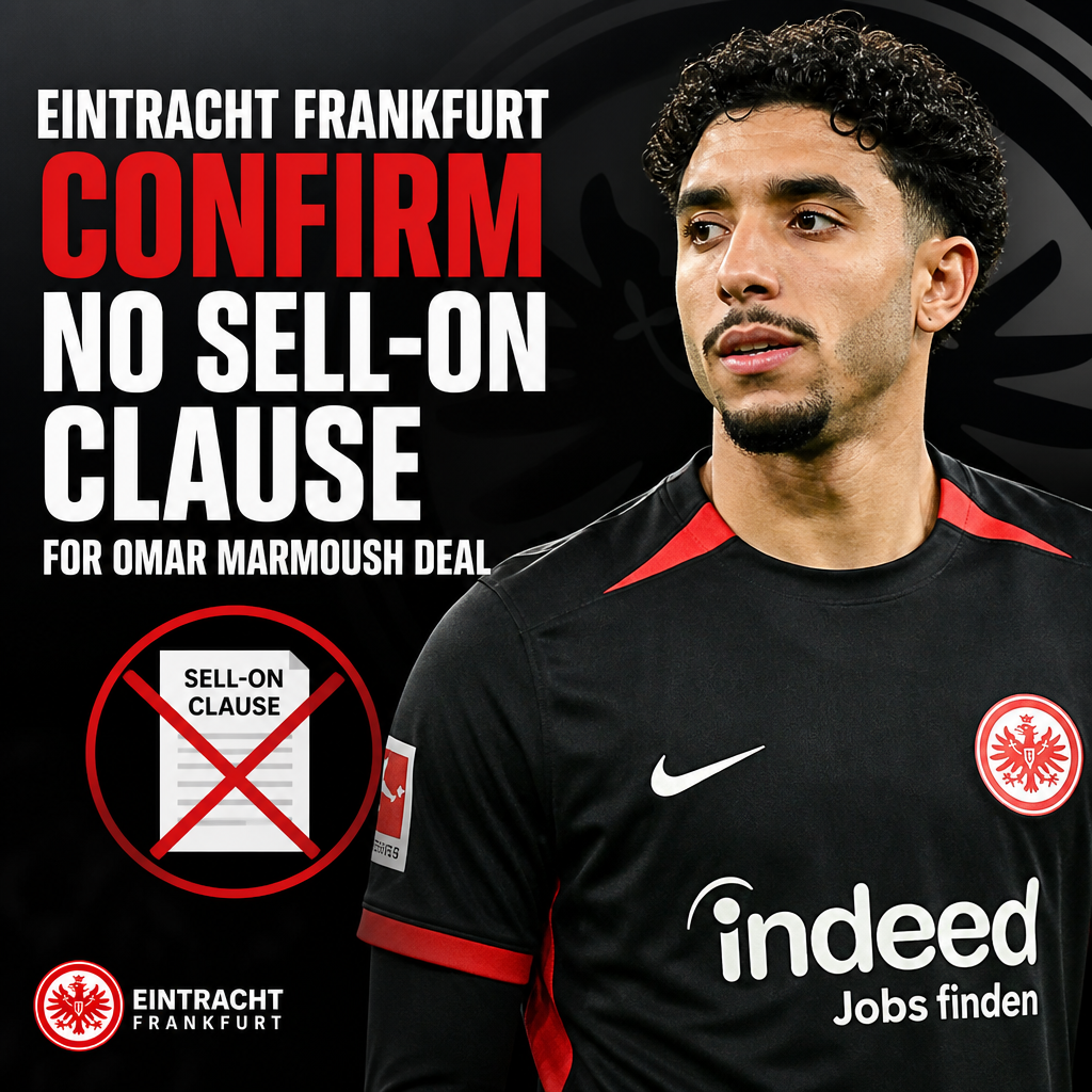 Eintracht Frankfurt logo with a headline about Omar Marmoush's transfer having no sell-on clause.