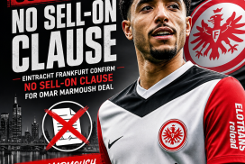 Eintracht Frankfurt logo with text confirming no sell-on clause in Omar Marmoush transfer deal.