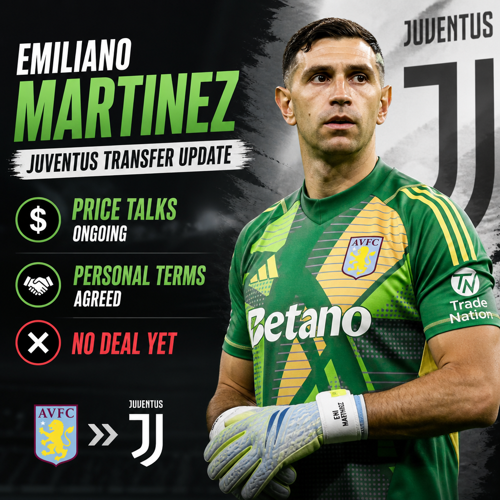 Emiliano Martinez in a Juventus jersey with transfer update text and price talks details in the background.